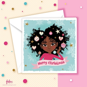Frohe Weihnachten Afro Prinzessin Grußkarte | Verschiedene Kinder-Feiertagsgruß | Handgezeichnete Weihnachtskarte | Fefus Designs