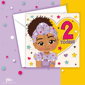 Cartão de aniversário para menina negra de 2 anos - Cartão artesanal diversificado e fortalecedor para menina pequena, segundo presente de aniversário, menina mestiça