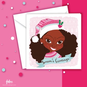 Bonnet de Noel V1 pour fille | salutations | Noël | Cartes pour enfants | Afro | Cartes noires | Voeux de saison | Mignon | Noël | Chr