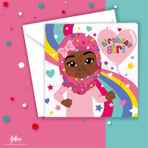 Biglietto di compleanno per ragazza Hijab / Biglietto d'auguri per bambini musulmani neri / Celebrazione / Saluto Hijabi carino / Bambini islamici / Ragazze multiculturali