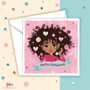 Vrolijk kerstfeest bruine afro prinses wenskaart | Diverse vakantiegroet voor kinderen | Handgetekende kerstkaart | Fefus-ontwerpen