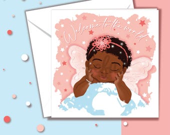 New Black Baby Girl Card, Welcome World, Newborn Congratulations, Representation Matters by Fefus Designs