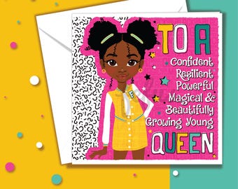 Black Girl Birthday Card, Tween Queen Affirmation, Afro Hair Empowerment Greeting