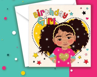 Afro Asian Birthday Girl Card | Empowering Mixed Heritage Celebration by Fefus Designs