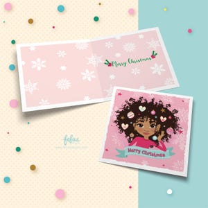 de Noël afro-brun de fille | Mignon voeux de Noël | Carte pour enfants Métis | Joyeuses Fêtes | Art appartenant à des Noirs