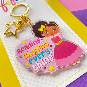 Mixed Girl Reader Keyring | Afro Hair Bag Charm | Biracial Magic | Empowering Multicultural Gift | Book Lover Keychain | Fefus Designs