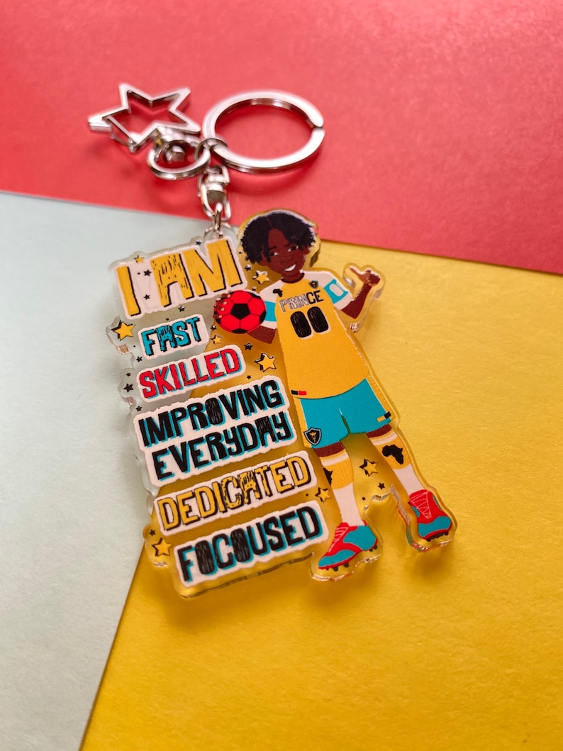 Brown Boy Joy Football Keyring Empowering Boys Bag Charm Black Boy Gifts for Boys Curly kid Affirmation Multicultural Soccer
