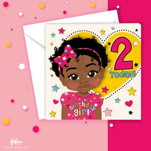 Biglietto di auguri per il secondo compleanno di una bambina nera / Biglietto per festeggiare il secondo compleanno / Biglietto per bambini / Bambini afroamericani / Multiculturale / Ragazze che danno potere