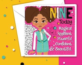 9th Birthday Mixed Race Girl Card, Nine Today, Black & Brown Girls Affirmation Greeting Card Afro Puffs, Empowering by Fefus Designs