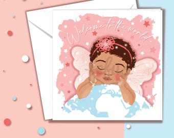 New Baby Girl Card, Welcome World, Mixed-Race Representation, Newborn Congratulations  by Fefus Designs