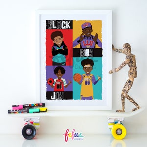 Black Boy Joy Wall Art / Poster Camera da letto per ragazzi / Wall Art / Bambini ricci / Ragazzi sportivi / Ragazzi marroni / Ragazzi neri / Ragazzi che danno potere