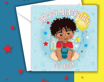 Blasian Baby 1st Birthday Card — Mixed Heritage Afro-Asian Boy Greeting Card by Fefus Designs