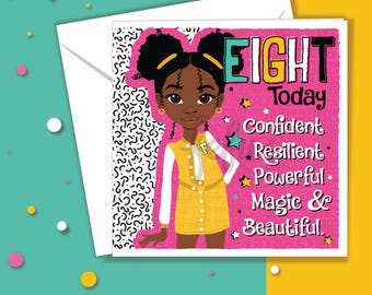 8th Birthday Black Girl Card, Eight Today Brown Girls, Affirmation Card, Empowering Brown Girl Afro Puffs Birthday Card by Fefus Designs