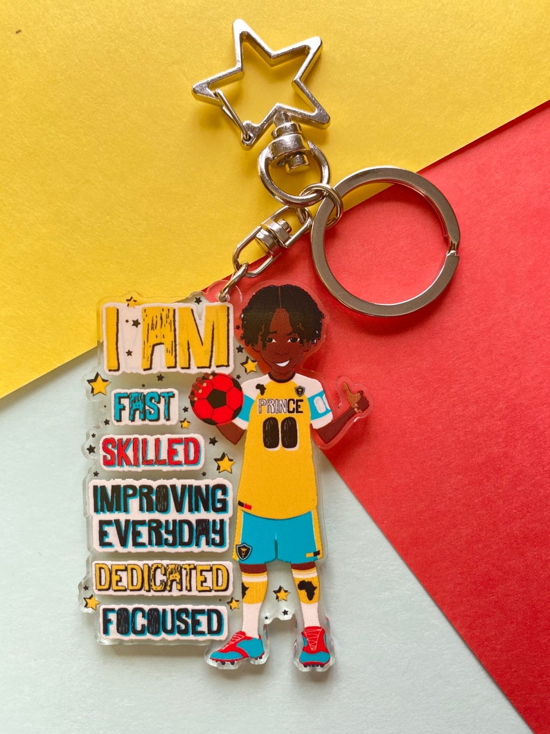 Brown Boy Joy Football Keyring Empowering Boys Bag Charm Black Boy Gifts for Boys Curly kid Affirmation Multicultural Soccer