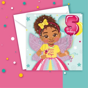 Cartão de 5º aniversário de menina mestiça | Celebração do quinto aniversário | Crianças morenas | Crianças afro-americanas | Multicultural | Empoderando meninas