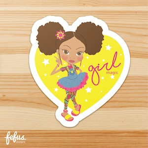 Adesivo fustellato individuale Girl Magic / Capelli naturali / Ragazza meticcia / Ragazze nere rock / Arte dei capelli afro / Ragazze ricce / Ragazze che danno potere