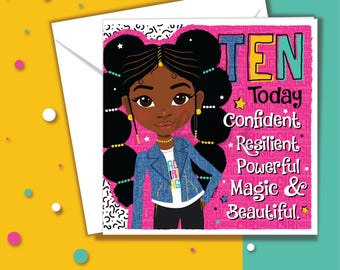 10th Birthday Card for Black Girls, Ten Today Affirmation, Fulani Pigtails Afro Hair