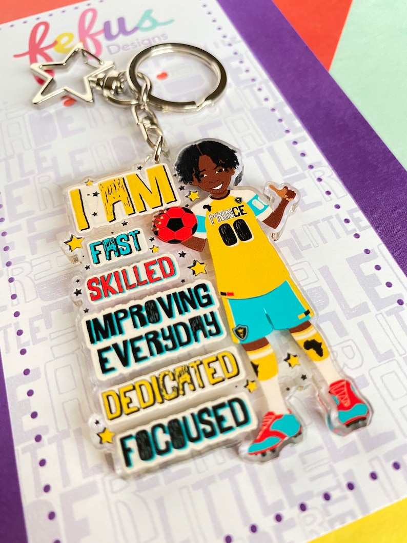 Brown Boy Joy Football Keyring Empowering Boys Bag Charm Black Boy Gifts for Boys Curly kid Affirmation Multicultural Soccer