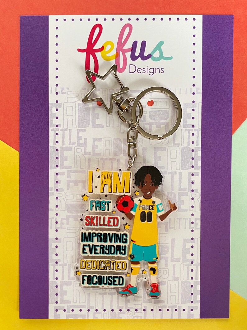 Brown Boy Joy Football Keyring Empowering Boys Bag Charm Black Boy Gifts for Boys Curly kid Affirmation Multicultural Soccer