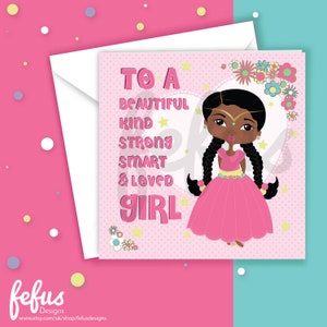 Carte d'anniversaire princesse noire |  | Jolie princesse afro-américaine | Cartes de voeux pour enfants | Cheveux naturels | Fefus Designs