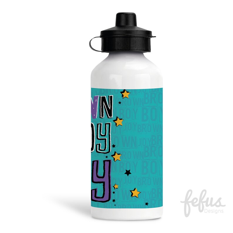 May include: White water bottle with a turquoise background and the words "Own Your Joy" in purple and yellow stars. The background is a pattern of the words "Own Your Joy" repeated.