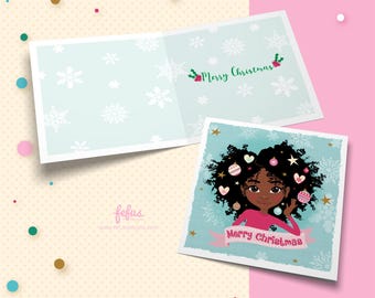 Afro Black Girl Christmas Card | Diverse Kids Holiday Greeting | Hand-Drawn Xmas Card | Fefus Designs