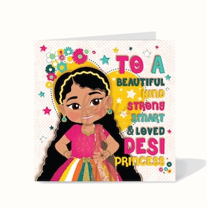 Aniversário de menina Desi | Cartão de felicitações | Cartão infantil sul-asiático | Forte e bonito | Patrimônio cultural | Representatividade importa | Fefus Designs