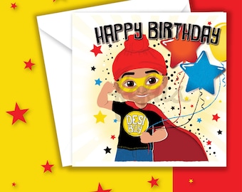 Indian Superhero Birthday Card – Desi Boy Cultural Greeting Card for Kids by Fefus Designs