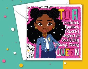 Black Girl Birthday Card: Afro Hair Space Buns, Young Queen Greeting (150mm Square)