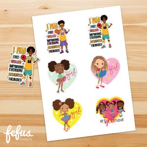 A4 Sticker Bogen | 6 Gestanzte Empowering-Aufkleber | Affirmations Aufkleber für Jungen und Mädchen | Schwarzbraun und Mischlingskinder | Fefus Designs