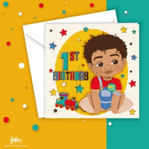 Primer cumpleaños de un niño de raza mixta / 1.er cumpleaños / Tarjeta de cumpleaños de un niño multicultural / Bebé birracial / Niños de raza mixta
