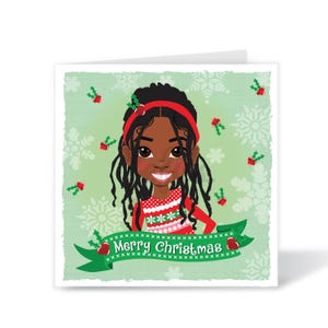 Schwarze Mädchen Weihnachtskarte | Rastafari Mädchen mit Loks | Verschiedene Kinder-Feiertagsgruß | Fefus Designs