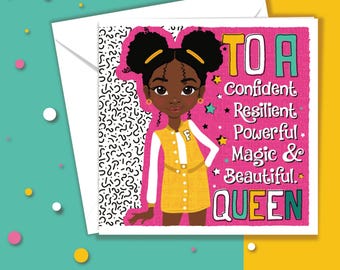 Black Girl Birthday Card | Tween Teen Queen Affirmation | Afro Hair Empowerment Greeting