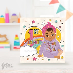 Eerste verjaardagskaart zwarte babymeisje, 1e verjaardagskaart gemengd ras babymeisje, biracial, multiculturele baby, empowerment van kinderen door Fefus Designs