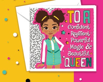Mixed Race Girl Birthday Card | Afro Hair Tween & Teen Empowerment | Multicultural Young Queen Greeting by Fefus Designs