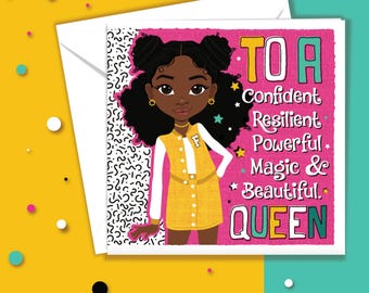 Black Girl Birthday Card | Tween Teen Queen Affirmation | Afro Hair Empowerment Greeting by Fefus Designs