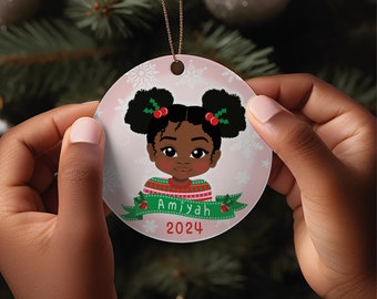 Personalised Black Girls Christmas Bauble, kids Ceramic Christmas Ornament, Custom Gift, Black Girl Bauble, Hanging Christmas tree ornament