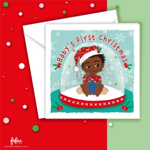 La première carte de Noël du bébé noir | Joyeux 1er Noël pour bébé garçon - fils, neveu, petit-fils, filleul | Boule à neige | Cartes de Noël
