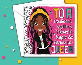 Black Queen Birthday Card | Braided Afro Hair, Empowerment Greeting