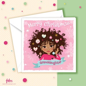 Vrolijke kerstkleindochterkaart | Kerstkaart met krullend haar prinses gemengd ras | Gevarieerde vakantiegroet van Fefus Designs
