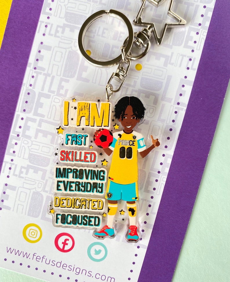 Brown Boy Joy Football Keyring Empowering Boys Bag Charm Black Boy Gifts for Boys Curly kid Affirmation Multicultural Soccer