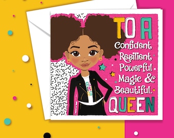 Afro Puffs Birthday Card | Mixed Race Tween Teen Empowerment Queen