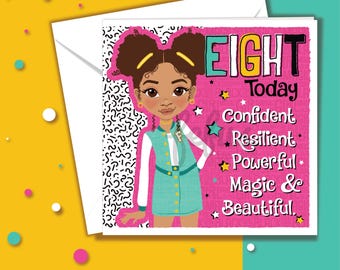 Mixed Race Girl 8th Birthday Card, Gifts for 8 year old girl, Eight Today Affirmation Greeting Card, Empowering Brown Kids by Fefus Designs