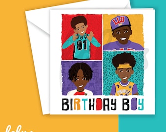 May include: A birthday card featuring four illustrations of smiling boys in colorful outfits against vibrant backgrounds. The card reads "BIRTHDAY BOY" in bold, multi-colored letters. The card is inside a white envelope.