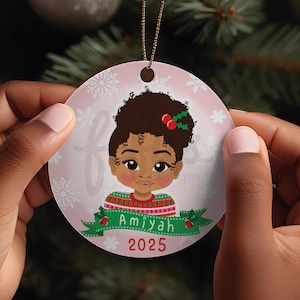 Personalised 2025 Brown Girls Christmas Bauble, kids Ceramic Christmas Ornament, Custom Gift, Black Girl Bauble, Christmas tree ornament