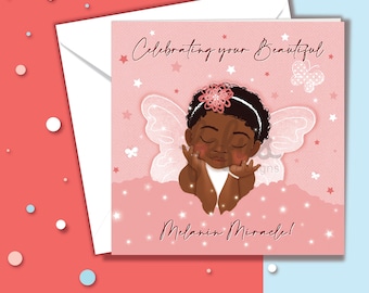 Newborn Black Baby Girl Card – Melanin Miracle Celebration, Hand-Drawn Illustration by Fefus Designs