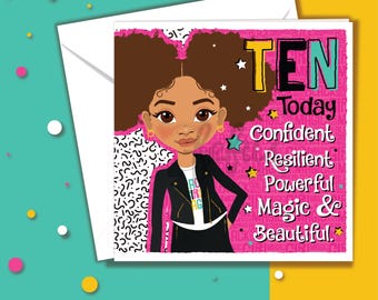 10th birthday Girl Greeting Card, Mixed Race Girl Card, Ten Today Affirmation Card, Empowering Brown Girl Birthday by Fefus Designs