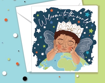 New Baby Boy Card – Welcome to World, Black Brown Representation by Fefus Designs