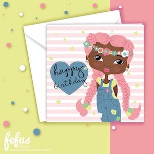 ROZE GROTE VLECHTEN Wenskaart | Viering | Kinderkaarten | Natuurlijk haar | Afro-haar kinderen | Schattig | Multicultureel | Meisjes empoweren