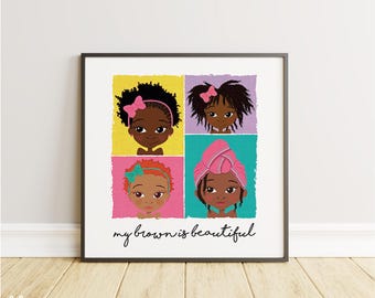Lámina decorativa de niña negra para pared / Decoración para dormitorio infantil con cabello natural / Arte inspirador